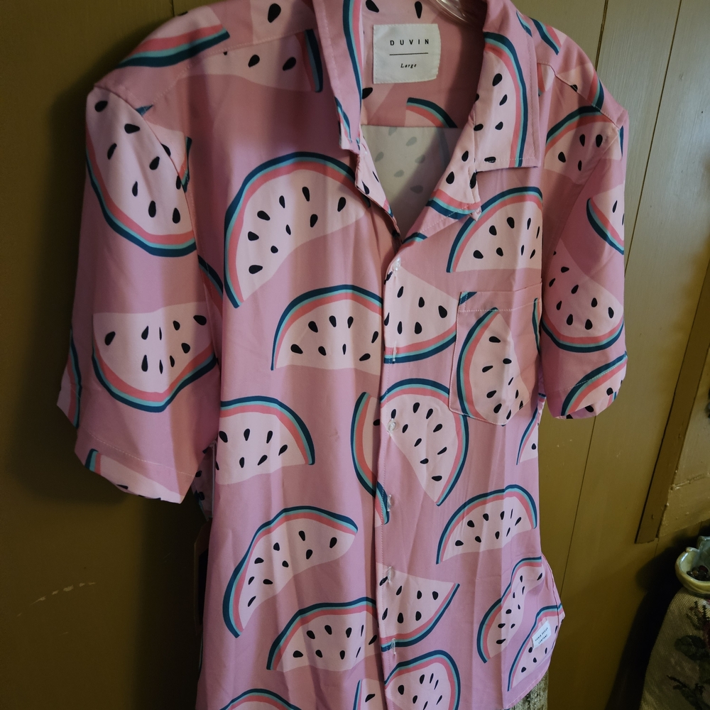 Duvin Pink Watermelon Print Casual Button-Down Shirt